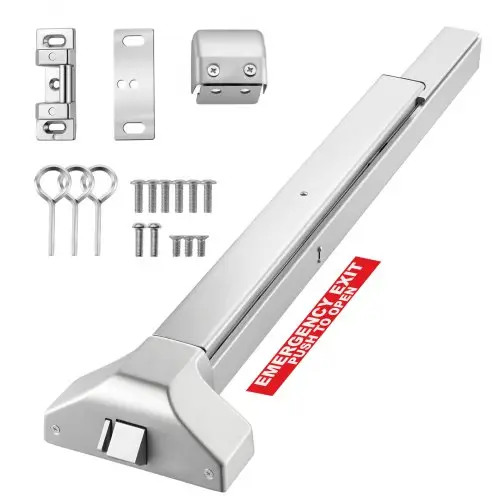 VEVOR paniekstang voor nooduitgangen, 788 mm, nooduitgangstang, beslag voor nooduitgangdeuren met dubbele vergrendelingsbout en sticker, voor houten of metalen deuren van 79–117 cm breed, zilver