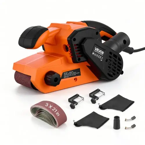 VEVOR 750W bandschuurmachine, elektrische houtschuurmachine, 7,6 x 53,3 cm bandmaat, snelheidsregeling 3,2-6,2 m/s, 10 schuurbanden, 2 stofzakken, 3 m netsnoer, stofzuigeradapter, 2-in-1 hand- en tafelmodel.