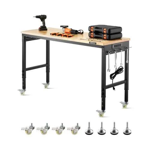 VEVOR Werkbank 1524 x 559 x 711-1030 mm, draagvermogen 907 kg, werktafel met stopcontact, wielen en ophangbord, robuuste werktafel met eikenhouten blad voor garage, werkplaats, kantoor en thuis