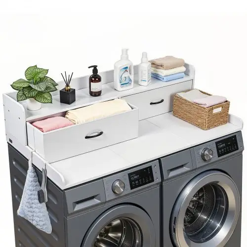 VEVOR Werkblad voor wasmachine en droger (137 x 69,9 cm) met plank, 2 lades en haken, voor linnenkast, voorraadkast, aanrecht, draagvermogen 113 kg, wit, met opbergruimte voor wasmiddel