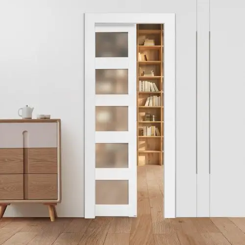 VEVOR Schuifdeur (765 x 2035 mm) 5-delige gematteerde glazen enkele schuifdeur met bevestigingsset, massief houten en MDF schuifdeurpaneel met waterdicht oppervlak voor slaapkamer, keuken, thuiskantoor