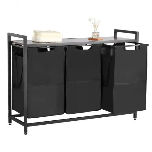 VEVOR Wasmand met houten tafelblad, wassorteerder met 3 uitschuifbare zakken (600D Oxford-stof) en metalen frame, wassorteersysteem voor vuile was Badkamer Zwart