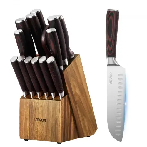 VEVOR Keukenmessenset met messenblok (hout) en slijpstaal, 15-delige messenset, scherpe messen gemaakt van hoogwaardig roestvrij staal met hoog koolstofgehalte, keukenbestek met ergonomische handgreep, voor thuisgebruik