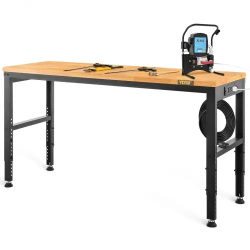VEVOR Verstelbare Werkbank, 122 cm L x 51 cm B x 97 cm H Garagetafel met 71-97 cm Hoogte en 914 kg Draagvermogen, met Stopcontacten en Hardhouten Blad en Metalen Frame en Voetkussentjes, voor Kantoor, Thuis, Garage