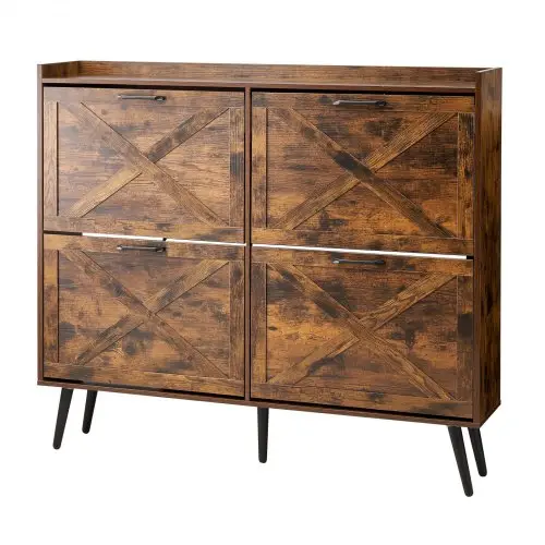 VEVOR schoenenkast met 4 deuren en kantelbeveiliging, ruimtebesparende schoenenkieper, vrijstaande schoenenrek-organizer voor entree, hal, woonkamer, veranda, vintage schoenenrek 120 x 24 x 105 cm bruin