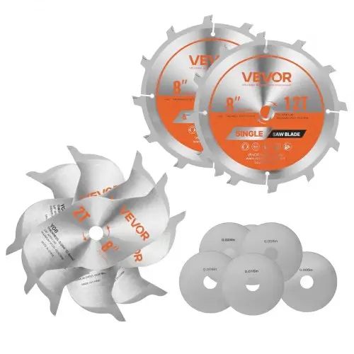 VEVOR Zaagbladenset Dado-zaagbladenset (203 mm φ, 12 scherpe tanden) van legering, groeffrees met spaanfrees en ringen, geluiddempende warmteafzuigers, voor het zagen van hardhout