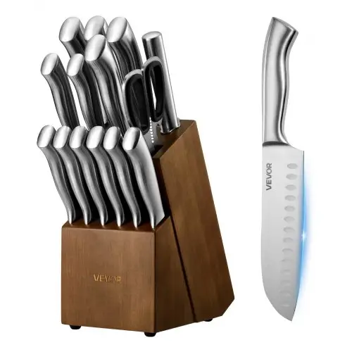 VEVOR Keukenmessenset met messenblok (hout) en slijpstaaf, 15-delige messenset van scherpe messen van hoogwaardig roestvrij staal, keukengerei met ergonomische handgreep, voor hobbykoks.