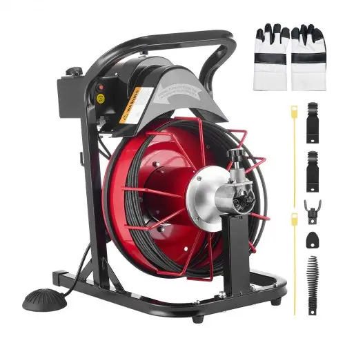 VEVOR pijpreinigingsmachine φ8 mm x 15 m, reinigingsspiraal met automatische aanvoer, 4 snijbladen en pneumatische voetschakelaar, pijpreiniger voor pijpen van 50 tot 100 mm, pijpreinigingsapparaat