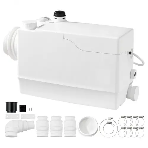 VEVOR rioolwaterpompstation 800 W 12000 l/u 10 m opvoerhoogte met 4 inlaten, wit. Geschikt voor kelders, toiletten, wastafels, wasruimtes en keukens. Zacker-pomp met zij-inlaten.