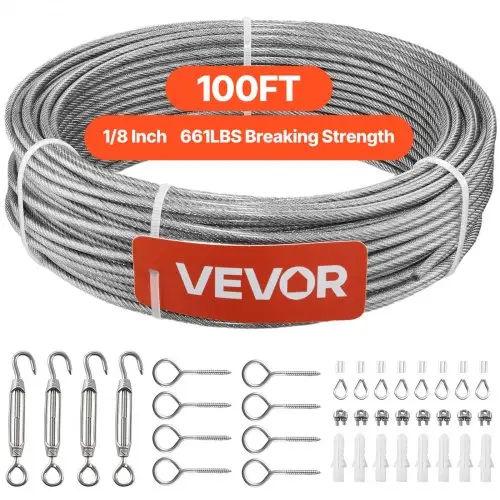 VEVOR roestvrijstalen staalkabel φ3,2 mm 30,5 m lengte, staalkabel gemaakt van roestvrij staal 304 met een breeksterkte van 2,94 kN, 7x7 strengs staaldraad, railingkabel voor terrasleuningen, tuinhekken.