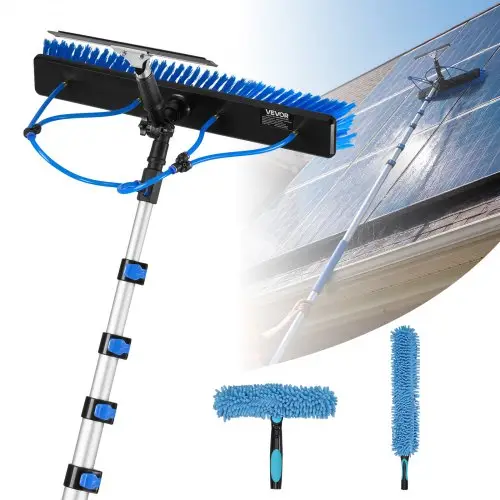 VEVOR 2-in-1 telescopische reinigingsborstel voor zonnepanelen, fotovoltaïsche reinigingsset met 2-10m aluminium telescoop, 20m wateraansluiting, wisser en zeepdispenser, reinigingsborstel voor zonne-energiesystemen, ramen en terrasdaken.