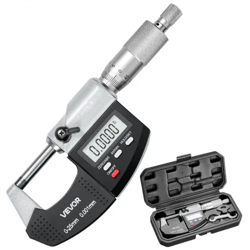 VEVOR Micrometer, Digitale Micrometer, Meetbereik 0–25,4 mm, Resolutie 0,001 mm, Hoogste Precisie 0,003 mm, LCD-display, Schakelen tussen inch en mm, Hardmetalen Punt, met Koffer