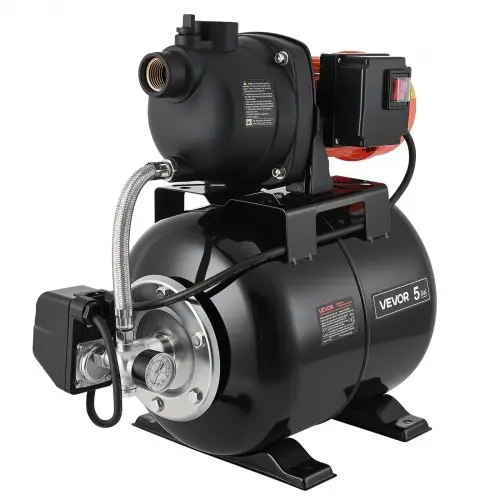 VEVOR Huishoudelijk Waterleidingsysteem 800 W, 5000 l/u Jetpomp met 19 l drukvat, 49 m opvoerhoogte, incl. automatisch watertoevoersysteem en kunststof pompkop, voor tuinirrigatie en huishoudelijk watergebruik.