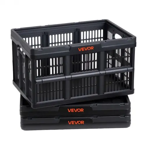 VEVOR Opvouwbare Opbergdozen 45 L 3-pack, Opvouwbare Plastic Opbergdozen, Stapelbare Opvouwbare Manden met Handvatten, 15 kg Draagvermogen per Doos, Opvouwbare Krat, Ideaal voor Huishoudelijke Organisatie, Zwart
