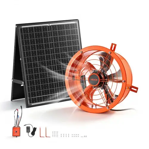 VEVOR Gevelventilator 30,5 cm, zolderventilator op zonne-energie, 1529,1 m³/u, oranje, 3-in-1 ventilatie, koeling en ontvochtiging voor zolders, kassen en opslagruimtes, stalen behuizing, met thermostaat en 35W zonnepaneel