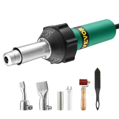 VEVOR Heteluchtlasapparaat voor kunststof, 1600W heteluchtpistool, 50-600°C PVC TPO Vinyl lasbrander, 5-delige heteluchtlasset en 2 platte mondstukken, 1 naadroller, borstel voor PP/PE/PVC platen