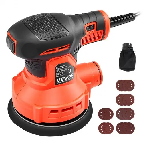 VEVOR 250W excentrische schuurmachine 127 mm elektrische houtschuurmachine, 6000-12000 tpm, 6-traps snelheidsregeling, 16 schuurvellen, stofzak, 3 m netsnoer, handzame schuurmachine voor houtbewerking