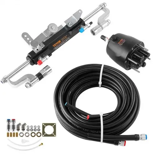 VEVOR hydraulische buitenboordmotorstuurkit 300 pk met 2,5 MPa stuurpomp voor diverse bootmodellen, inclusief 2 x 7,9 meter hogedrukslangen, 5/16 inch snelkoppelingen en duurzame afdichtingen.