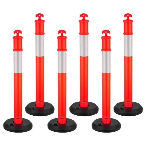 VEVOR Verkeersafbakeningspalen 6 stuks (114 cm) met vulbare voet en reflecterende strips, waarschuwingspalen voor bouwplaatsen, parkeerterreinen, dranghekken, rood