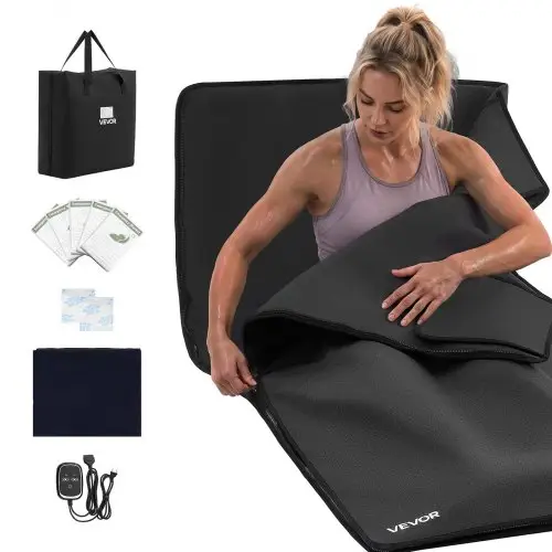 VEVOR Infrarood Saunadeken 185x90cm Draagbare Infrarooddeken PU-leer Zwart, Verwarmde Deken voor Zweten, Ontspanning, Ontgifting, Temperatuurregeling 30-75°C, Timer 20-60 min, Handdoekvoering, met Draagtas
