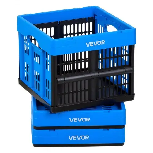 VEVOR Opvouwbare Opbergdozen 25L, Set van 3, Opvouwbare Plastic Opbergdozen, Stapelbare Opvouwbare Manden met Handvatten, 10 kg Draagvermogen per Doos, Opvouwbare Krat, Ideaal voor Huishoudelijke Organisatie, Blauw & Zwart