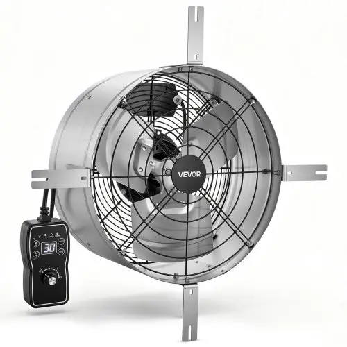VEVOR Gevelventilator 38 cm, zolderventilator met een luchtstroom van 2208,7 m³/u, zilverkleurig, koeling en luchtcirculatie voor zolders, garages en werkplaatsen, behuizing van koolstofstaal, met thermostaat, netsnoer en bedieningskabel.