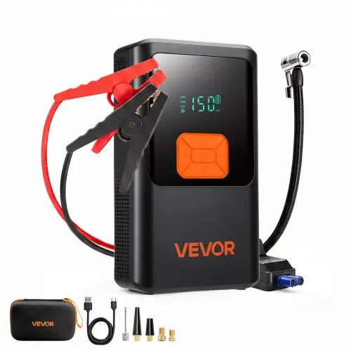 VEVOR Jump Starter Power Bank 4000 Een draagbare startbooster voor 9L benzine- en 8L dieselmotoren, met bandenspanningsmeter (150 psi), LED-zaklamp, ABS-PC behuizing en bescherming tegen omgekeerde polariteit en kortsluiting.