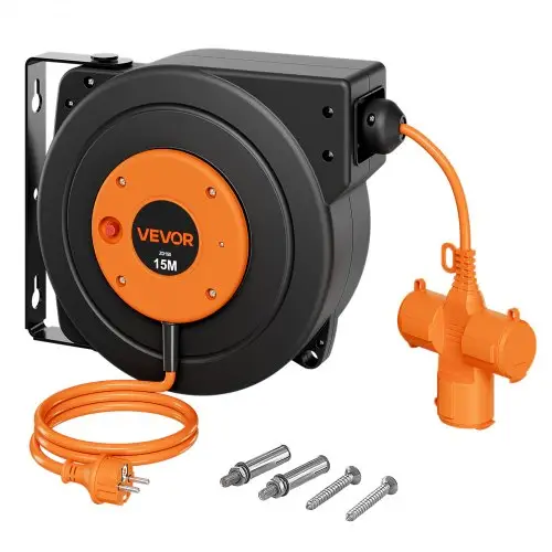 VEVOR Kabelhaspel 15 m 3000 W Automatische Kabeloproller 16 AWG/3-aderig, voor plafond-/wandmontage, 3 stopcontacten, oververhittingsbeveiliging tot 56 °C, verlicht drievoudig stopcontact, met 180° draaibare beugel
