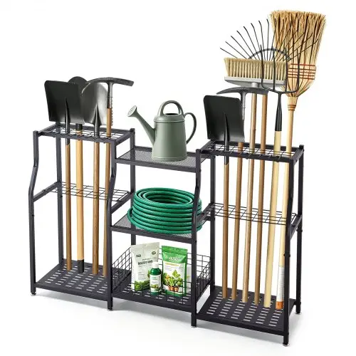 VEVOR Tuingereedschapsrek 1235x290x795mm 3-laags gereedschapshouder zwart, opbergrek voor garage, schuur of tuin, stalen organizer voor bezems, dweilen en harken, met opbergvakken en stelvoeten