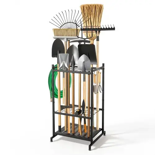 VEVOR Tuingereedschapsrek 440x405x760mm Metalen Gereedschapshouder Zwart, Opbergrek voor Garage, Schuur of Tuin, Organizer voor Bezems en Dweilen, met Dubbele Sleuven, 4 Haken & Stelvoeten