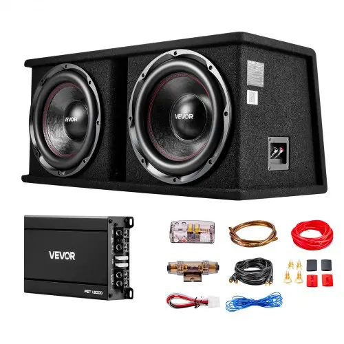 VEVOR auto-subwooferset met 305 mm behuizing, dubbele subwoofer en versterkerpakket van 1200 W RMS, inclusief aparte versterker en bekabelingsset, krachtig auto-audiosysteem.