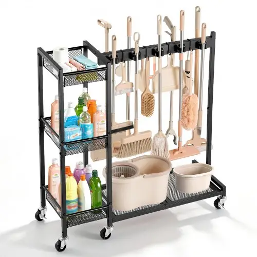 VEVOR Tuingereedschapsrek 851x300x865mm Gereedschapshouder Klemsysteem Zwart, Opbergrek voor Garage, Schuur, Tuin, Stalen Organizer voor Bezems, Dweilen, Harken, met 3 Planken, Haken & Wielen