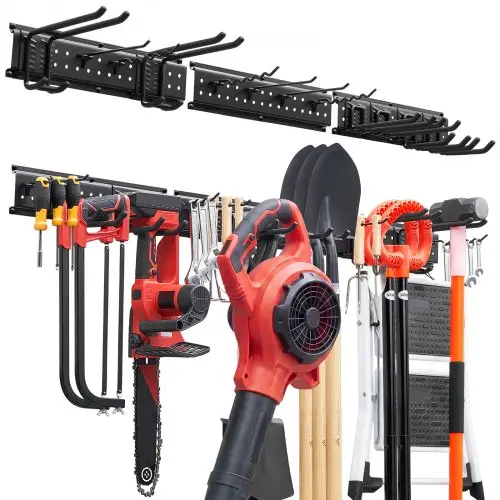 VEVOR Gereedschapshouder voor wandmontage, 1257,3 mm, draagvermogen 272 kg, voor wandmontage, koolstofstaal, 3 rails en 12 haken, inclusief schroeven en pluggen, gereedschapsorganizer voor garage, kelder en tuin.