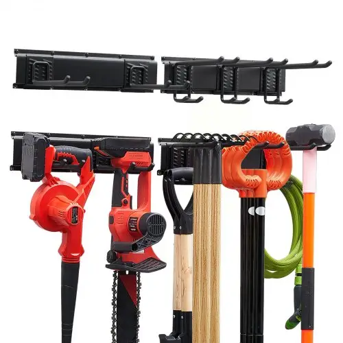 VEVOR Gereedschapshouder voor wandmontage, 838,2 mm, draagvermogen 181 kg, voor wandmontage, koolstofstaal, 2 rails en 5 haken, inclusief schroeven en pluggen, gereedschapsorganizer voor garage, kelder en tuin.