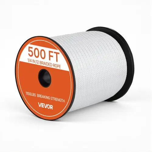 VEVOR polyester touw 6,4 mm x 152 m massief gevlochten universeel touw wit, UV-bestendig multifunctioneel touw voor afmeren, tent opzetten, kamperen en thuisgebruik, breeksterkte 522 kg, 12 strengen, met touwspoel