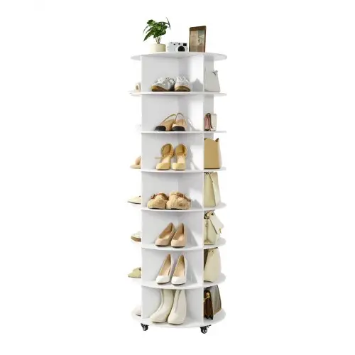 VEVOR Schoenenrek/Schoenenkast voor 28 paar schoenen (7 lagen), 360° draaibaar, schoenenopbergrek met wielen, schoenenrek voor slaapkamer, woonkamer, hal, wit, 598 x 598 x 1670 mm