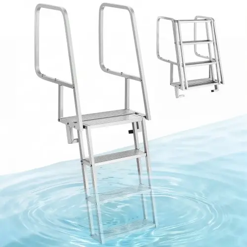 VEVOR opvouwbare aanlegsteigerladder, bootladder met 4 antislip treden, brede pedalen en leuning, draagvermogen 159 kg, aluminiumlegering zwembadladder met trekkoord, toegangsladder voor aanlegsteigers, zwembaden, boten en meren.