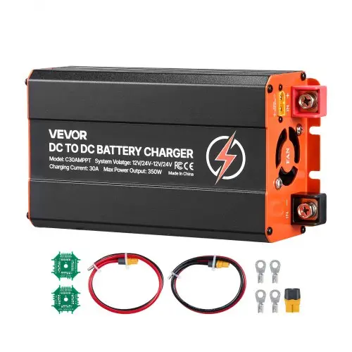 VEVOR DC-DC acculader met MPPT 350 W 30 A, laadbooster met dubbele ingang voor zonnepanelen/dynamo's, geschikt voor het opladen van LiFePO4 loodzuuraccu's, 12 V/24 V, voor noodstroomvoorziening in campers en thuis.