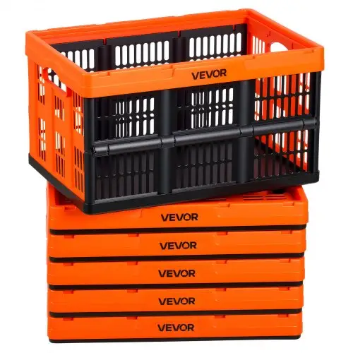 VEVOR Opvouwbare Opbergdozen 45L, Set van 6, Opvouwbare Plastic Opbergdozen, Stapelbare Opvouwbare Manden met Handvatten, 15 kg Draagvermogen per Doos, Opvouwbare Krat, Ideaal voor Huishoudelijke Organisatie, Oranje & Zwart
