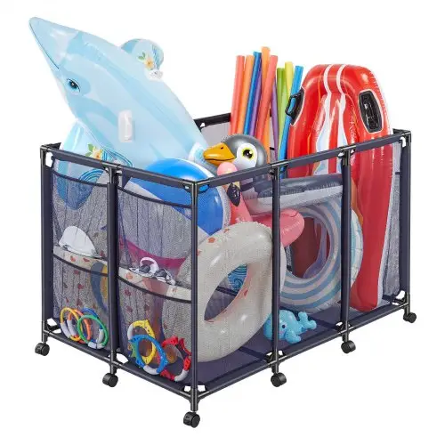 VEVOR Zwembadopbergbox, 125x84x84 cm, Opbergdoos, Opbergkar, Organizer met zijvakken en wielen, Stevig metalen frame, Gaasmand voor zwembadspeelgoed