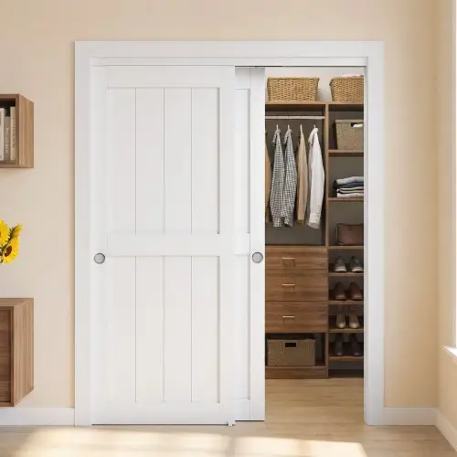VEVOR schuifdeurset, 2-delig, 1524 mm (dubbele deur 787 mm) x 2032 mm, voor kledingkasten, slaapkamers, inloopkasten, volledig houten constructie met montagerails en vloergeleider, stijlvol en ruimtebesparend.
