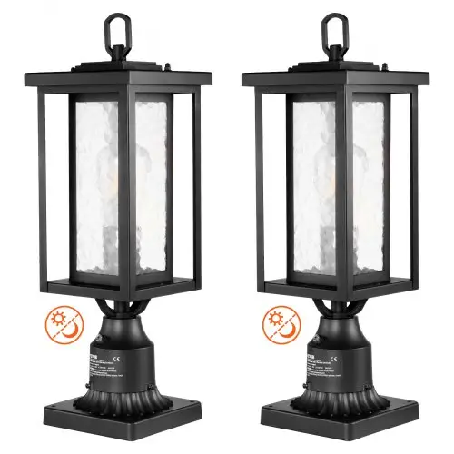 VEVOR 2-pack schemer-tot-zonsopgang buitenlantaarnpalen, 450 mm, waterdichte lantaarnpaallampen met 3,5 inch glazen kap op de paalbevestiging, bliksembestendige buitenlantaarnpaal voor op terras en tuinpad