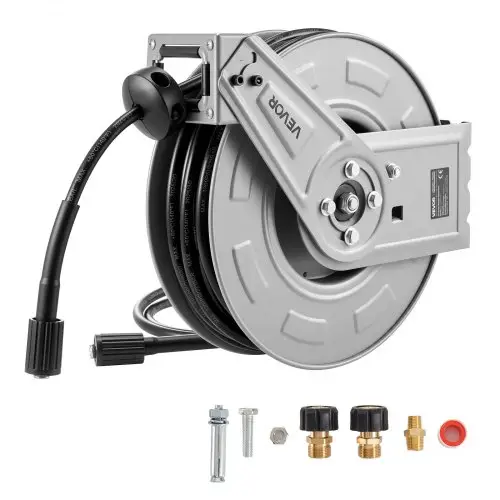 VEVOR Hogedrukreiniger Slanghaspel, 19,8 m x 6,35 mm, Stalen Slanghaspel, Max. 220 bar, Automatisch Oprollend, Flexibele Muur-/Vloermontage voor Autowassen, Tuin, Vloerreiniging