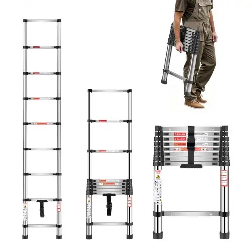 VEVOR Telescopische Ladder, 254 cm lang, RVS Uitschuifladder, Opvouwbare Ladder met een Draagvermogen van 150 kg (75°) & Antislipvoetjes, Draagbare Ladder met 9 Treden voor Thuis, Camper, Zolder