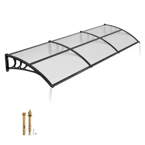 VEVOR luifel voor voordeur 965x2975 mm, aanbouwluifel, aanbouwluifel met afwatering en ABS-beugel, bescherming tegen regen, sneeuw en zon, polycarbonaat dakbedekking voor veranda en terras, transparant