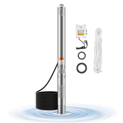 VEVOR Diepwaterpomp, 750W ingangsvermogen, 65 l/min. Debiet, 64 m opvoerhoogte, met 20 m kabel, externe bedieningskast, roestvrijstalen waterpomp, voor industriële irrigatie en thuisgebruik, IP68