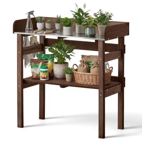 VEVOR Plantentafel, Tuintafel, Werktafel met Groot Houten Blad, Planken & Haken, Bloementafel, Buitentafel voor het oppotten van planten, ideaal voor Terras, Tuin & Balkon, Bruin, 780x380x820 mm