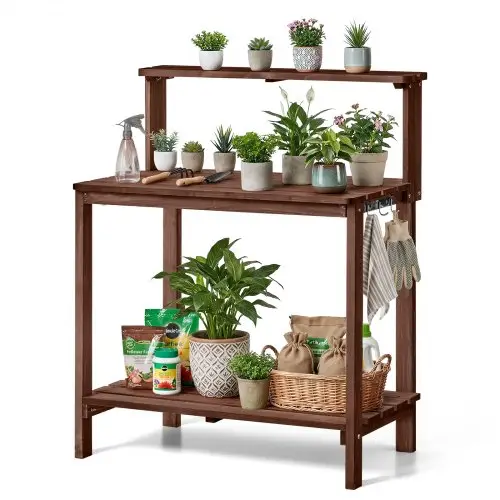 VEVOR Plantentafel, Tuintafel, Werktafel voor in de tuin met groot houten blad, planken en haken, Bloementafel, Verpottafel voor buiten op terras en in de tuin, Bruin, Plankmodel, 910x495x1085 mm