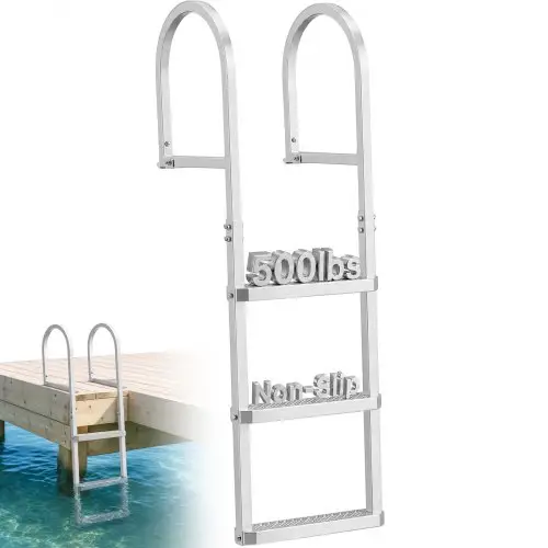 VEVOR Afneembare aanlegsteigerladder, bootladder met 3 antislip treden, brede pedalen en leuning, draagvermogen 227 kg, aluminiumlegering zwembadladder, toegangsladder voor steigers, zwembaden, meren en boten, zilverkleurig
