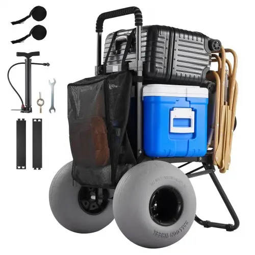 VEVOR strandkar met ballonbanden (30 cm), opvouwbare strandtrolley met in 4 standen verstelbare schuimrubberen handgreep en pomp, handkar (draagvermogen 75 kg), strandkar ideaal voor kamperen en vissen